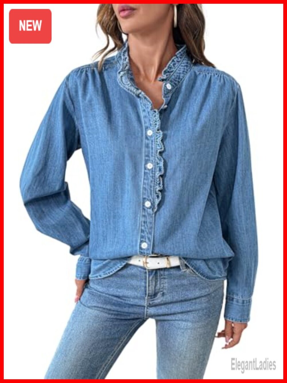 Women's Ruffled Button Down Denim Shirt Long Sleeve V Neck Casual Top